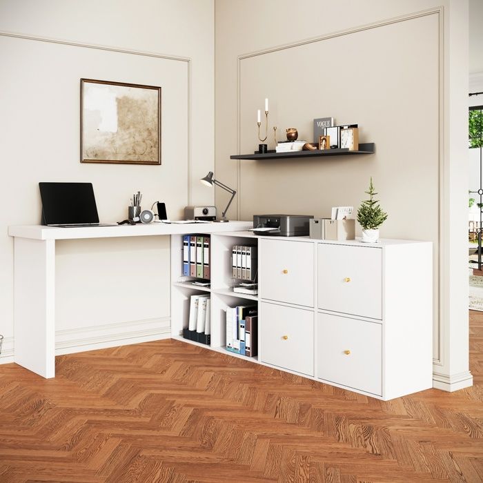 Luscriate - Bureau dangle 120 x 48 x 78 cm plateau pivotant 360° épais 4 cm 4 tiroirs 4 étagères – blanc