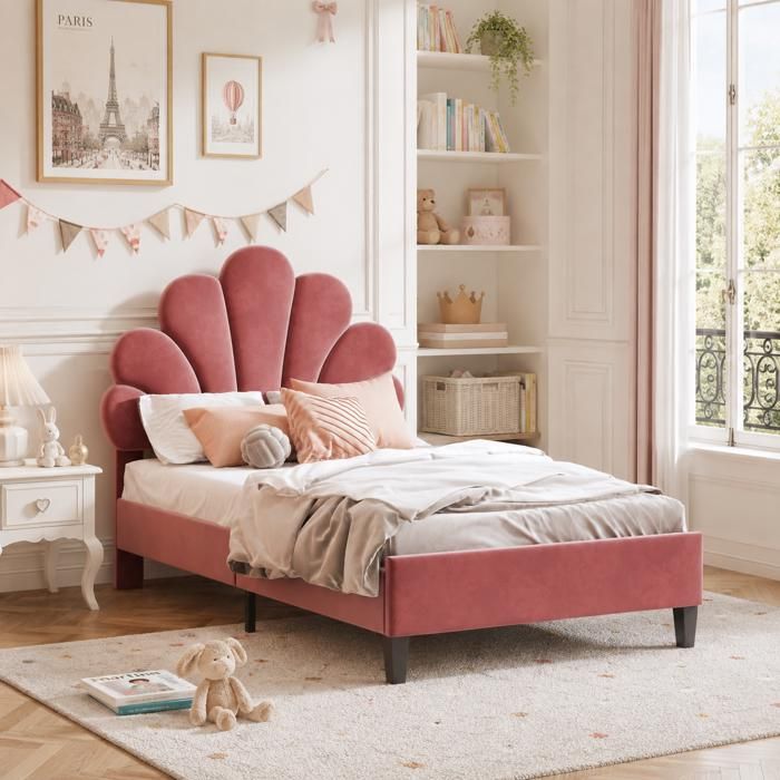 Lit capitonné 90x200 cm tête de lit à floraux et sommier à lattes lit enfant lit fille 90x200 lit simple en velours doux Rouge