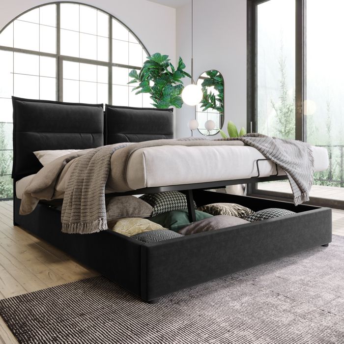 Lit double avec rangement - Hydraulique 140x200 cm - Tête de lit réglable - Velours noir - Grand espace de rangement