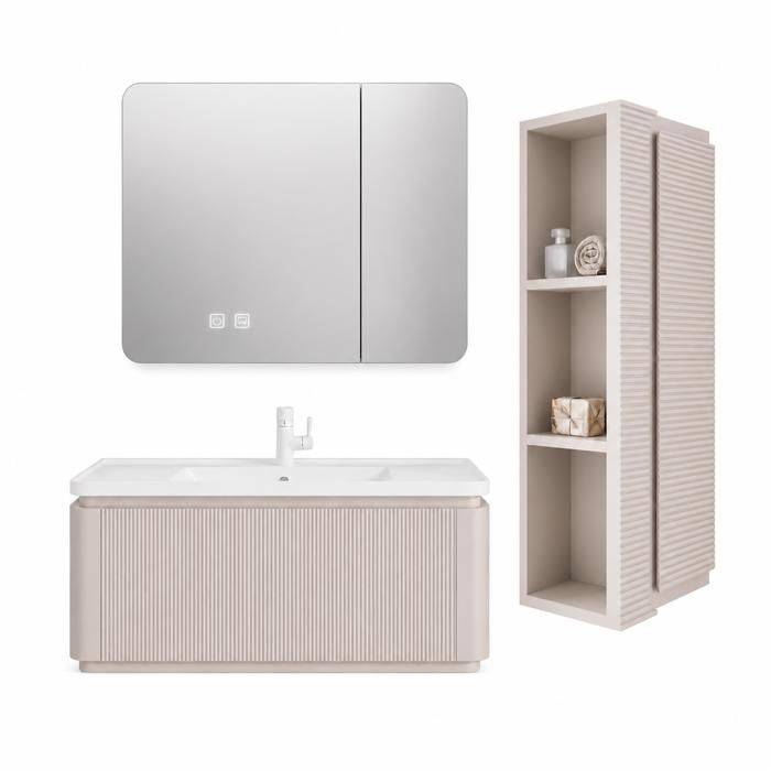 Ensemble meuble de salle de bain avec vasque armoire miroir LED et colonne - 80 cm - Kaki - SARIA Ensemble meuble de salle de bain avec vasque armoire miroir LED et colonne - 80 cm - Kaki - SARIA