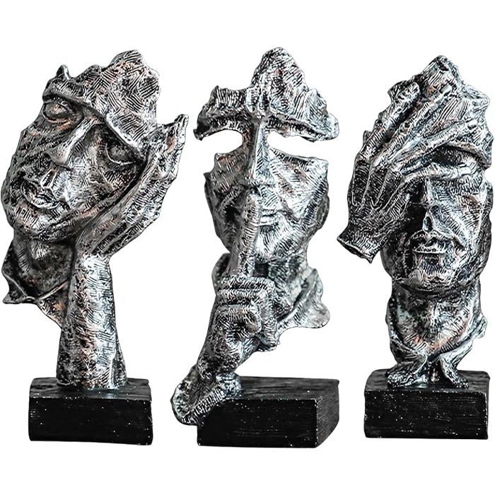Lot de 3 statues de penseur Silence est Silvery objets décoratifs modernes en résine pour maison bureau Arge COFFRET THEMATIQUE