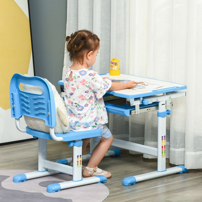 Bureau enfant 2 en 1 avec chaise dès 6 ans hauteur réglable plateau inclinable tiroir coulissant 66 x 47 x 77 cm bleu