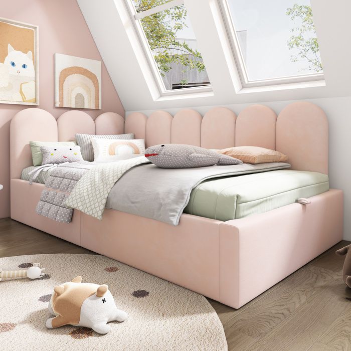 Lit banquette coffre hydraulique 90 x 200 cm en velours rose sommier à lattes métal sans matelas