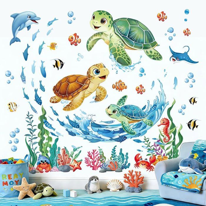 Stickers Muraux Sous la Mer Tortue Autocollant Mural Animaux Marins Poissons Tropicaux Aues Décoration Murale Chambre