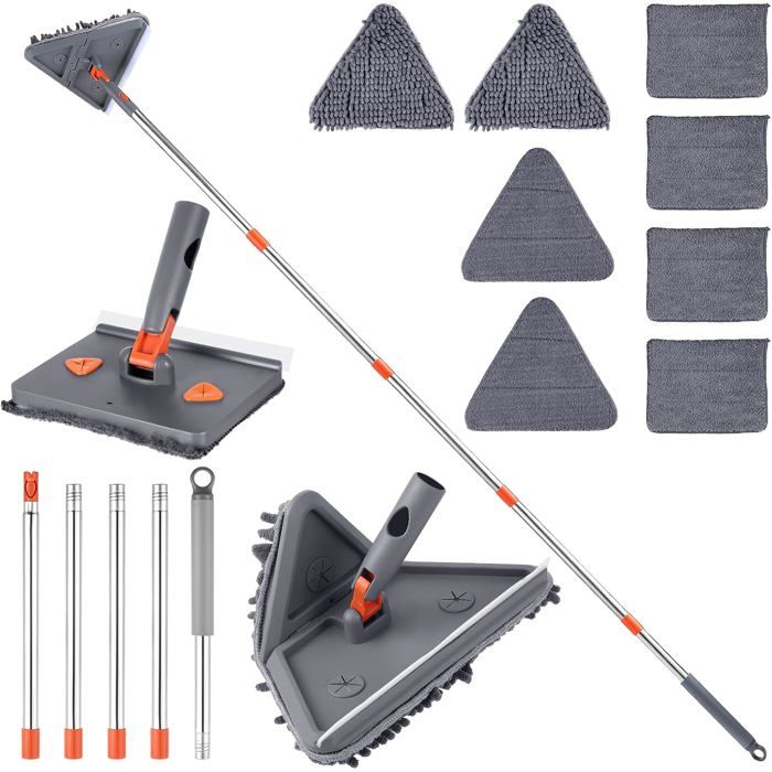 Balai plafond tête triangulaire rotative 360° manche télescopique 200 cm acier inoxydable raclette intégrée 8 lavettes microfibre