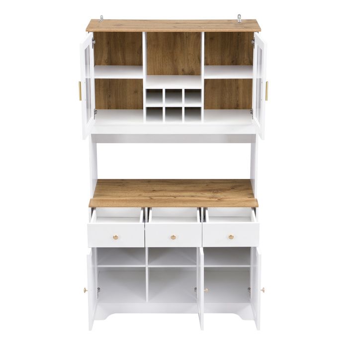 Buffet haut avec vitrine 94 5 x 30 x 175 5 cm en MDF blanc et aspect bois 5 portes 3 tiroirs