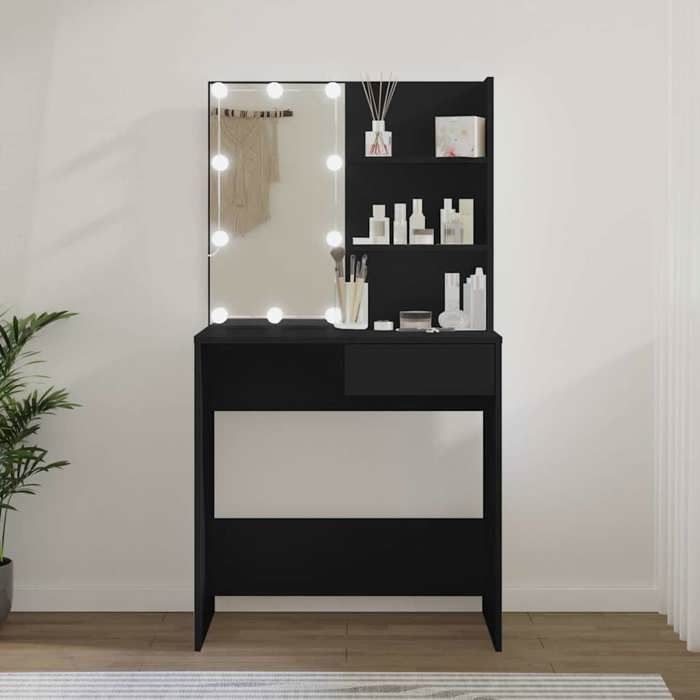 Coiffeuse avec LED - vidaXL - Table de Maquillage - bois dingénierie - noir - 745 x 40 x 141 cm@oxk66c