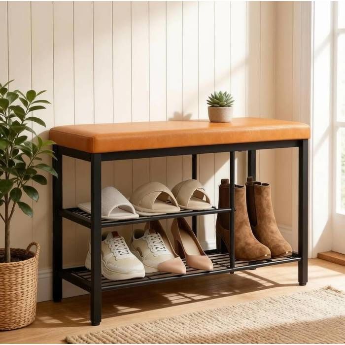 ROVRYN banc a chaussures 80 x 30 x 50 cm avec assise rembourree 3 compartiments ouverts metal noir et marron