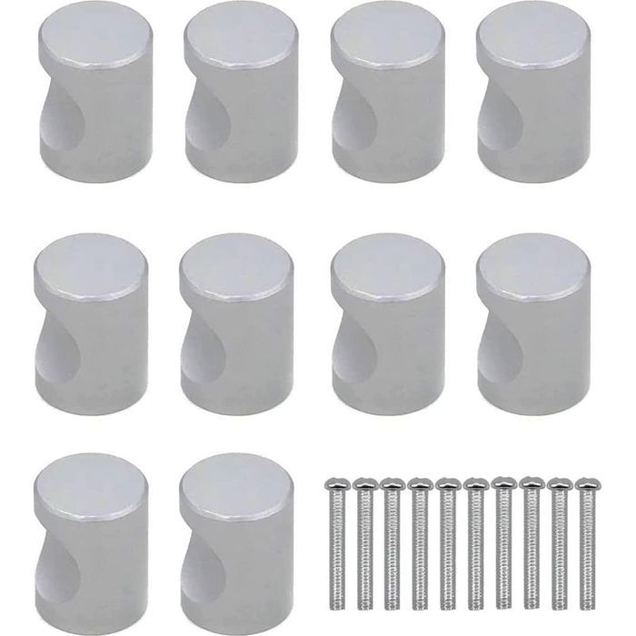 Lot de 10 boutons cylindriques argentés avec vis utilisés pour tiroirs armoires placards commodes chambres cuisines