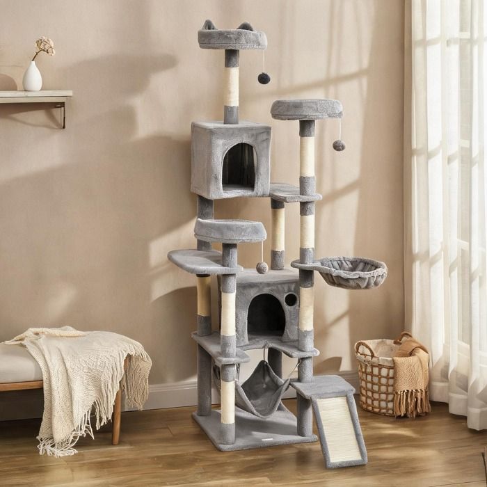 Tour de jeux pour chat 192 cm - 4 plateformes 2 niches échelle 3 couchages - Structure panneau de particules et peluche gris