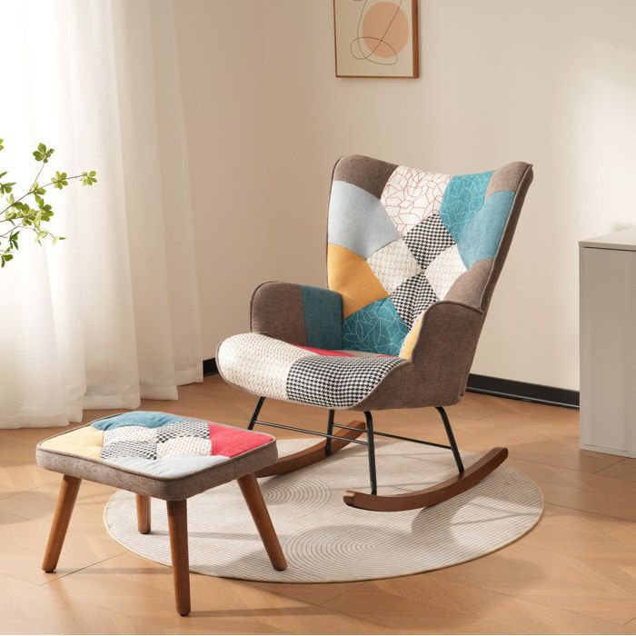 MEUBLIV Fauteuil à bascule patchwork multicolore avec repose-pieds bois massif et métal