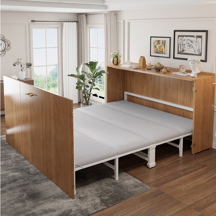 Lit escamotable Double 140×200 cm roulettes silencieuses et matelas inclus - MEUNIQ - bois et métal - marron