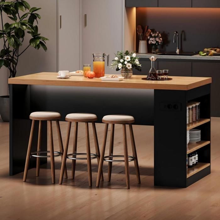 Îlot de cuisine avec LED et prises plan de travail 155x80 cm 3 étagères ouvertes pour cuisine et salle à manger
