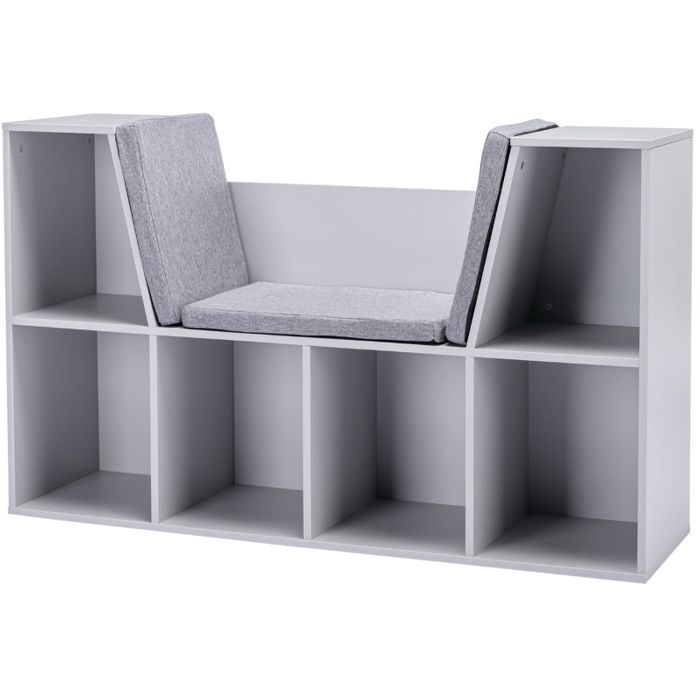 Bibliothèque enfant – meuble de rangement avec banc – 6 compartiments 3 coussins – Gris – 103 x 30 x 62 cm