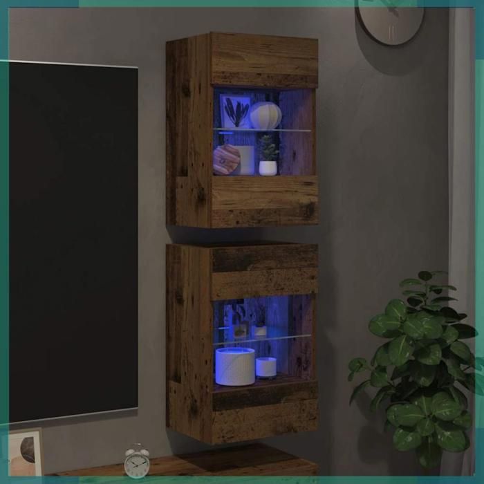 Meuble mural - 857680 - vieux bois - LED intégrées - étagère en verre