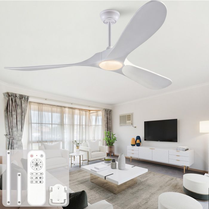 Ventilateur de plafond 60 pouces avec LED télécommande 3 pales en bois blanc réversible dimmable