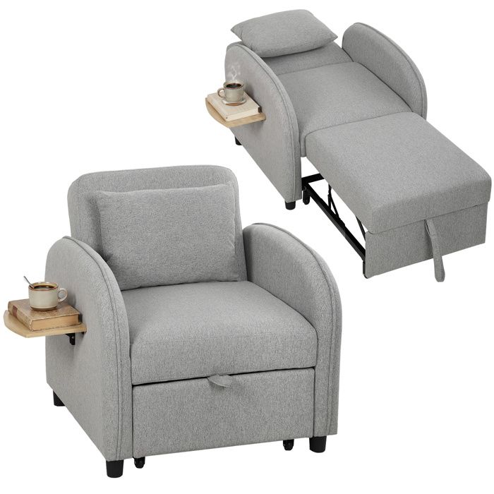 Fauteuil convertible 1 place - HOMCOM - dossier réglable tablette latérale rabattable - tissu effet lin - 88 x 78 x 82 cm - gris