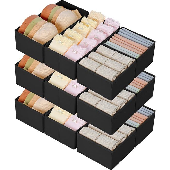 Organisateur de Tiroirs De Rangement Séparateurs de Tiroir Non TissésBoîte Organisateur Dressing Rangement Noir 12 pièces