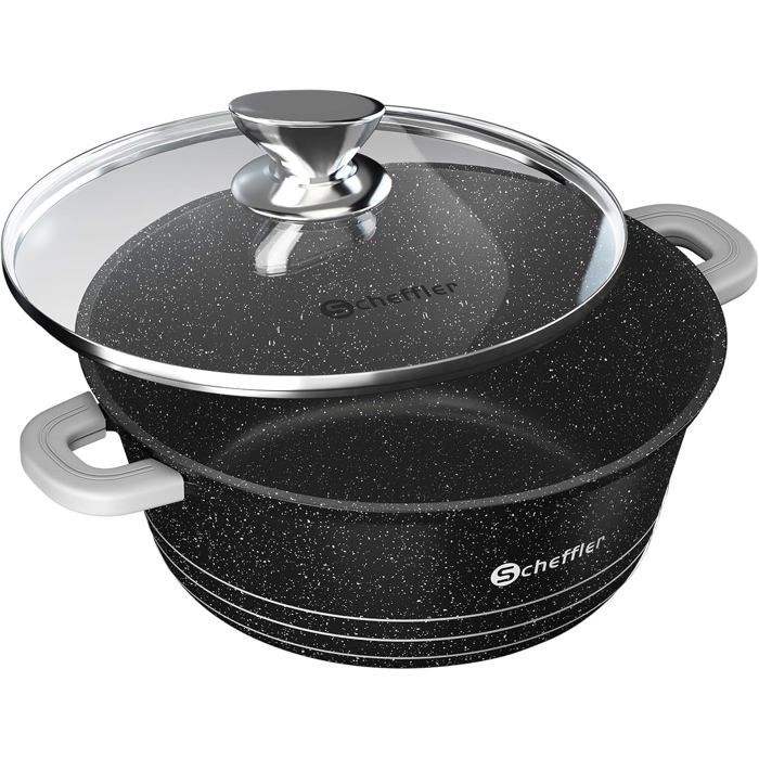 Casserole Induction Fonte dAluminium Marmite Induction-Faitouts avec Couvercle en Verre-Antiadhésif Batterie de Cuisine-(28m)