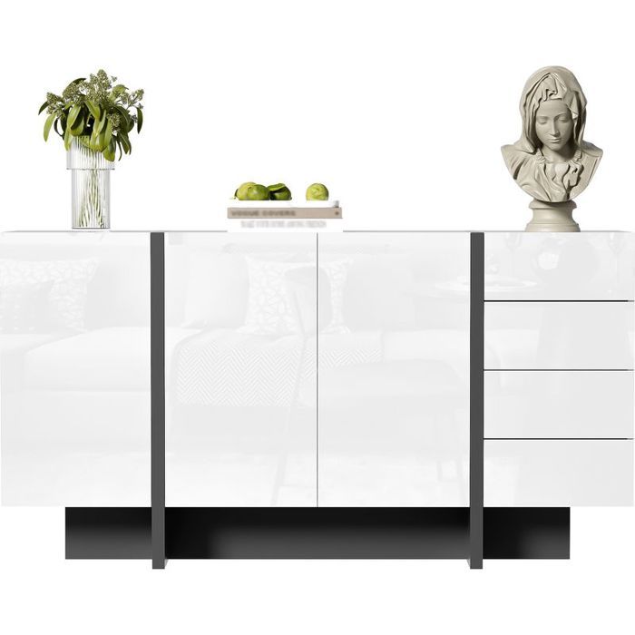 Buffet blanc laqué brillant – 2 portes 4 tiroirs facile à nettoyer