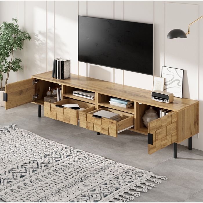 Meuble TV 160 cm à 2 portes 2 tiroirs et 2 niches décor mosaïque aspect bois naturel