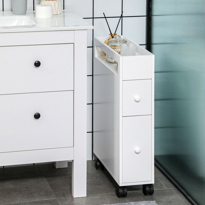 Desserte de Salle de Bain Étroite 2 Tiroirs Étagère Ouverte et 4 Roulettes - HAVRYA - Mobile MDF Laqué Blanc 49 5×16×66 cm
