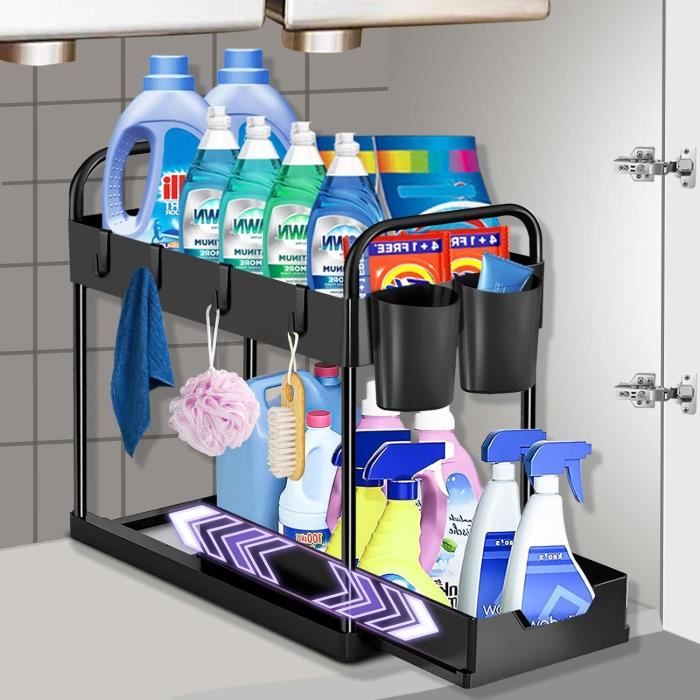 Organisateur Rangement Sous Évier 2 Niveaux Avec Crochets Et Gobelets - Cuisine Salle De Bain