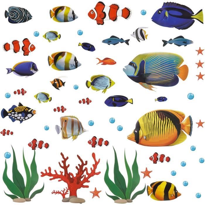 Autocollant Mural Décoratif Poissons De Récif Corallien - Lot De 1 Feuille Vinyle Brillant, Modèle DS-8035 - Marque DECOWALL