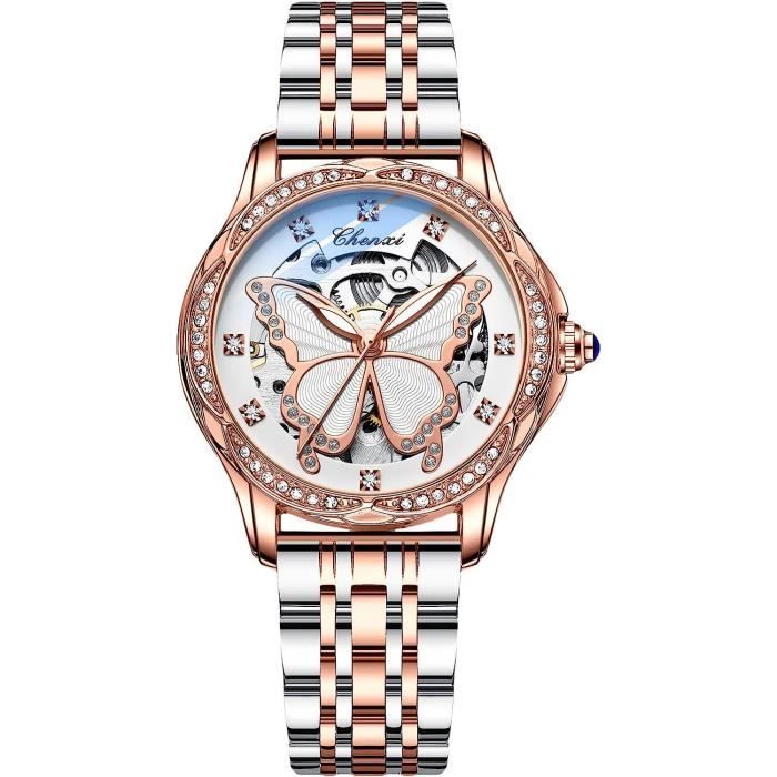 RORIOS Montre Mécanique Automatique Femme - Cadran Ciel Étoilé Diamants Simulés, Acier Inoxydable Lumineuse