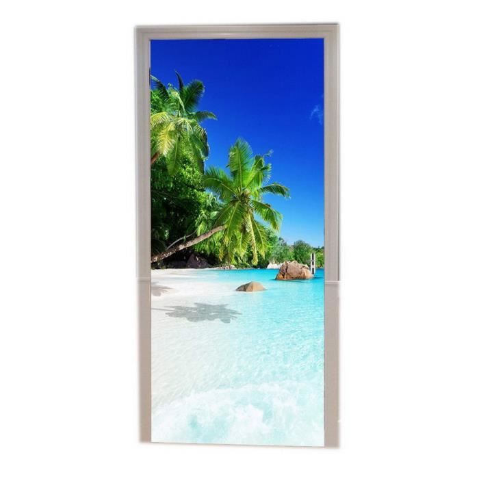 Sticker Décoratif Porte Plage & Palmier - Autocollant Murale 73x204 Cm, Fabriqué En France
