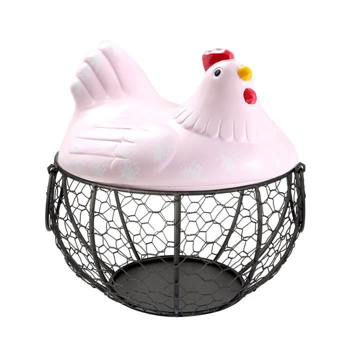 Panier à œufs en fil métallique avec couvercle en forme de poule, style campagnard, panier à œufs en céramique avec couvercle, récipient de collecte pour la cuisine