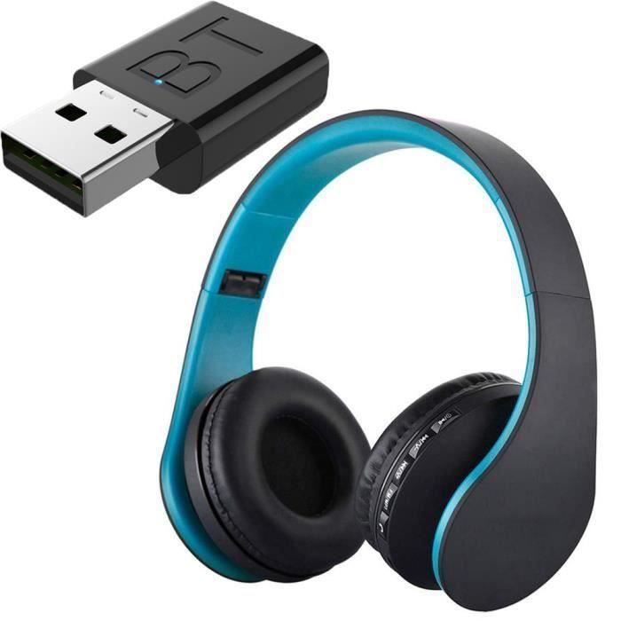 Casque audio Casque TV sans fil Rechargeable multifonction Bluetooth casque Ecouteur avec radio fm transmetteur pour TV PC - Bleu