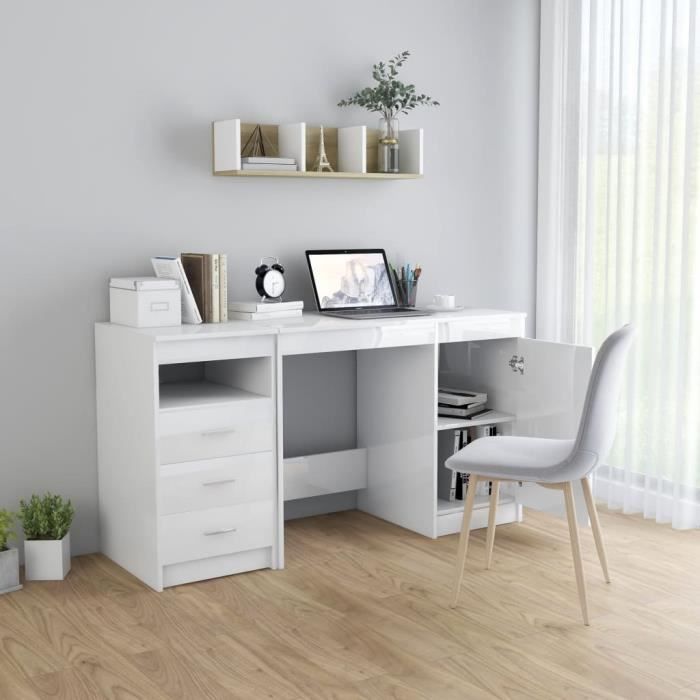 Bureau Style Moderne - Mobilier Meuble De Bureau Blanc brillant 140x50x76 cm - 3 tiroirs et 1 porte