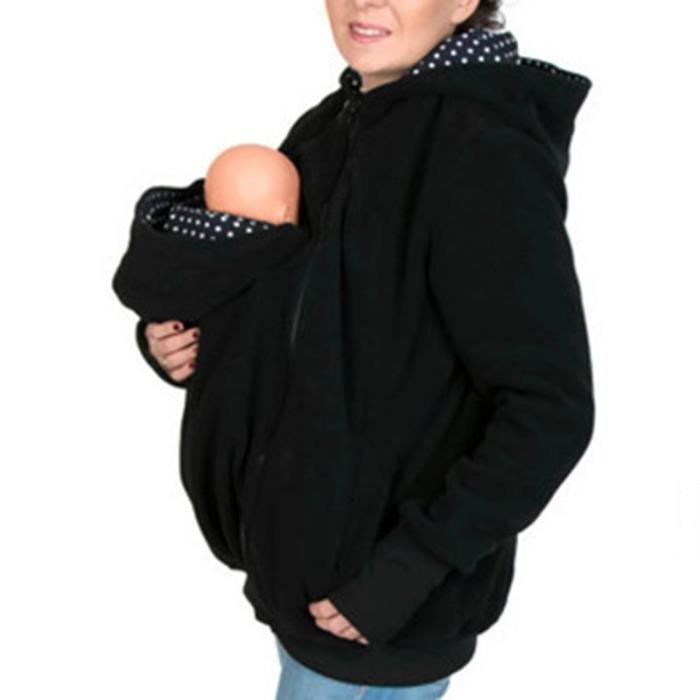 couleur Noir taille L Sweat à capuche kangourou pour femme, mains libres, avec porte-bébé, sweat-shirt d'hive