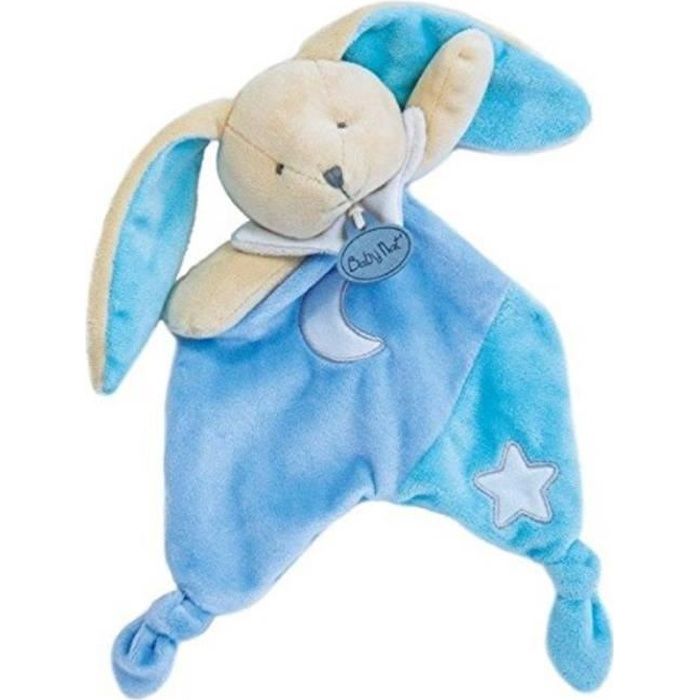 Babynat Doudou Lapin semi plat luminescent bleu blanc lune étoile noeuds 25 cm bébé garçon