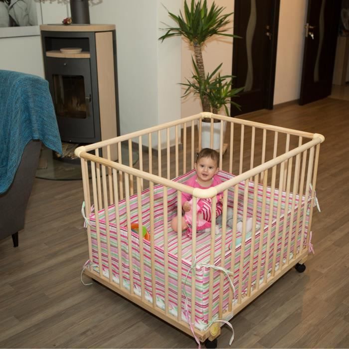 Parc rectangulaire en bois BAMBINO WORLD Tour de parc blanc rose
