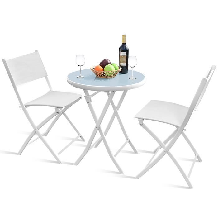 COSTWAY Salon de Jardin 3 Pcs - 1 Table de Jardin Exterieur, 2 Chaise, Plateau Dia. 60 cm en Verre Trempé Cadre en Acier Blanc