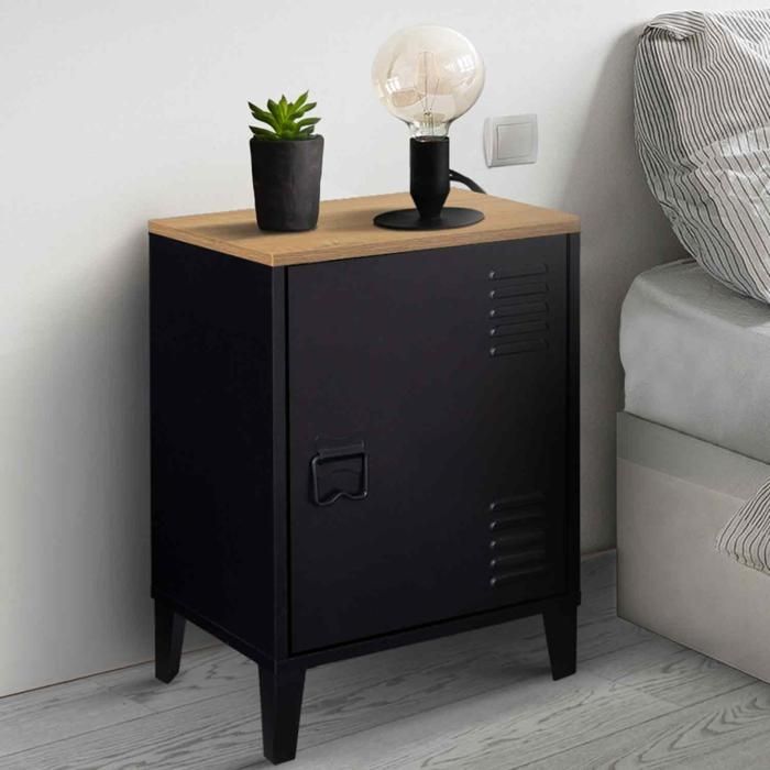 IDMARKET Table de chevet ESTER 1 porte métal noir plateau façon hêtre design industriel