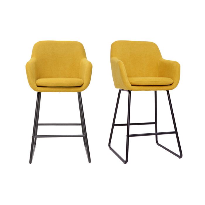 Miliboo - Tabourets de bar en tissu effet velours jaune moutarde H65 cm (lot de 2) AMIKA