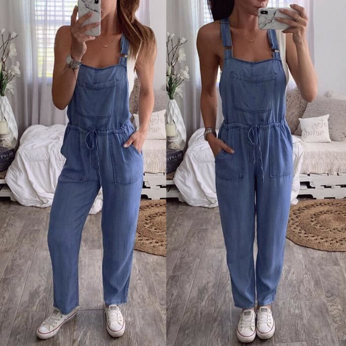 Combinaisons une piece pour femmes Salopette Denim Jeans Salopette Pantalon long Salopette Bleu EJ1521