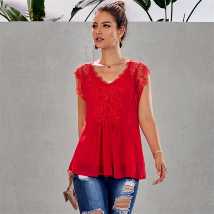 DEBARDEUR Femme Haut r gulier en dentelle col en V rouge NS