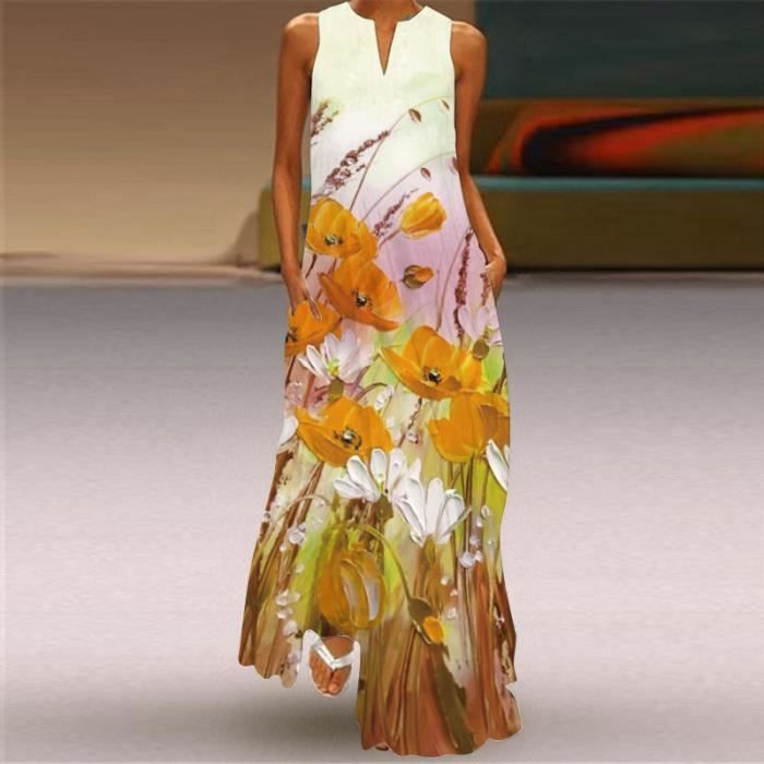Robe longue imprimée à manches courtes et col rond