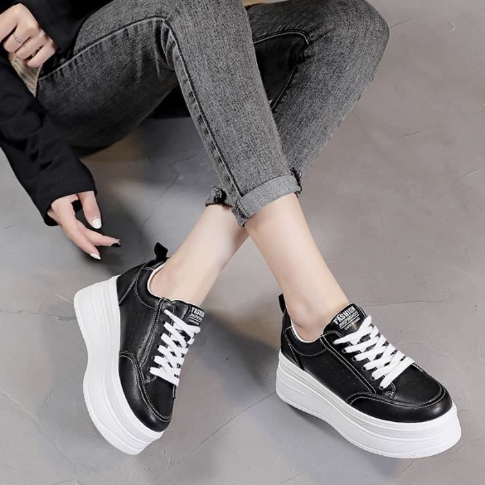 Baskets interieures a semelle epaisse de 8 cm pour femmes ECELEN Noir Cuir Lacets Compense Adulte