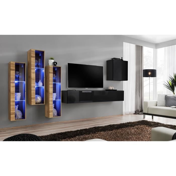 ensemble meuble salon mural switch xiii design - price factory - noir et chêne wotan - 1 porte - 40 cm