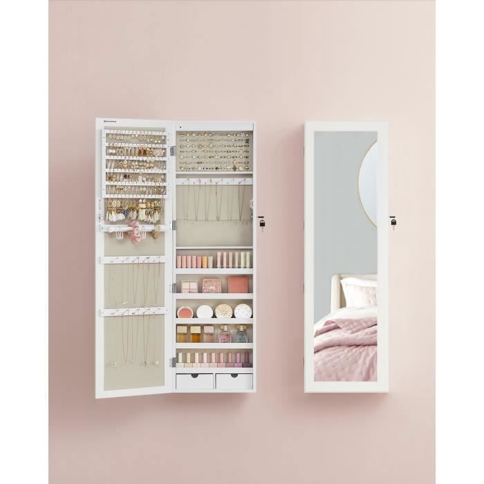 Armoire à Bijoux - SONGMICS - Blanc Boisé et Beige - Miroir et Compartiments Verrouillables Armoire à Bijoux - SONGMICS - Blanc Boisé et Beige - Miroir et Compartiments Verrouillables