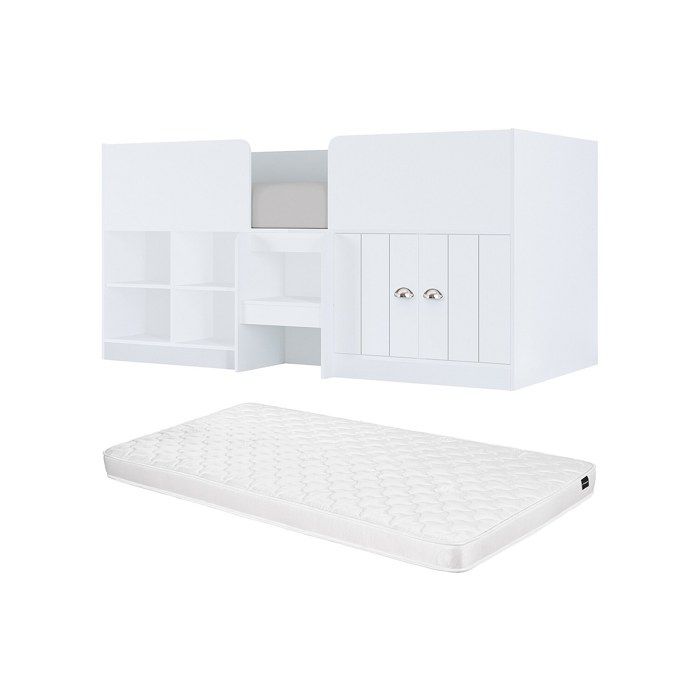 Lit mi-hauteur 90 x 190 cm avec rangements - Coloris : Blanc + Matelas - BOUTANIO