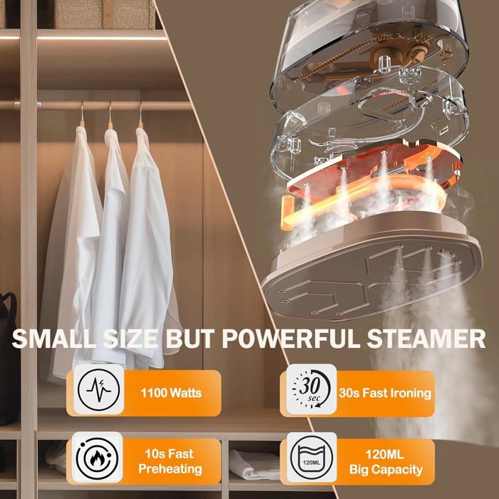 Défroisseur Vapeur Voyage 1000W 100-240V – 3en1, 15s Chauffage, 6+1 Modes Tissus, Compact & Anti-Brisure