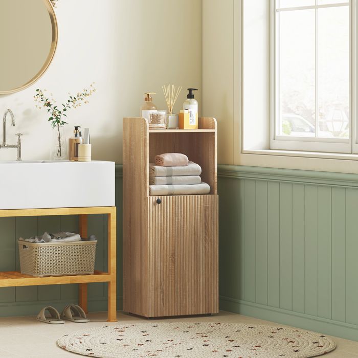 Armoire Salle De Bain Étroite HOMCOM - 4 Niveaux De Rangement, Placard Fermé, Étiquette Chêne Jaune