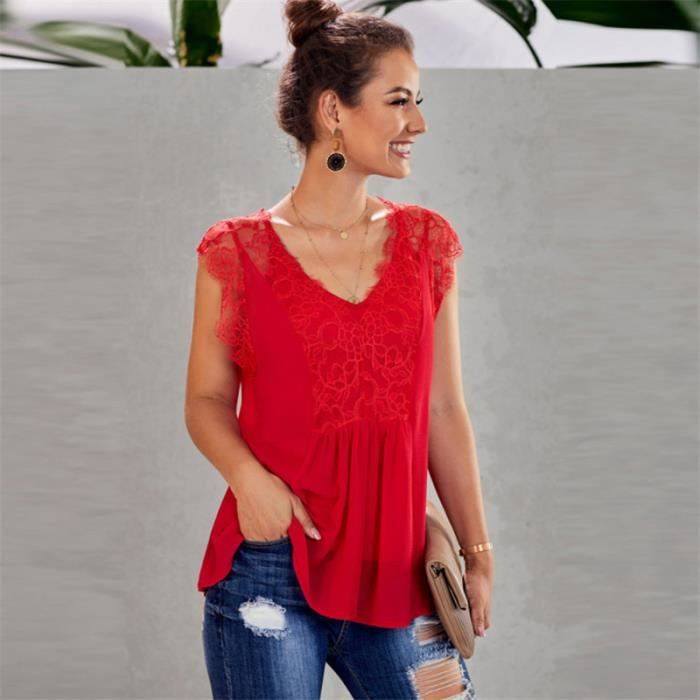 DEBARDEUR Femme Haut regulier en dentelle a col en V rouge NS Rouge Cdiscount Pret a Porter