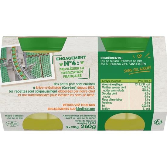bledina mon 1er petit pot pomme de terre poireaux 2x130g des 4 6 mois achat vente legumes cuisines bledina mon 1er petit pot pomme de terre poireaux 2x130g des 4 6 mois cdiscount